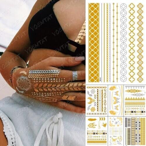 Waterproof Temporary Tattoo Sticker Metal Gold Silver Mandala Flower Butterfly Bracelet Flash Tatoo Henna Body Art Fake Tatto