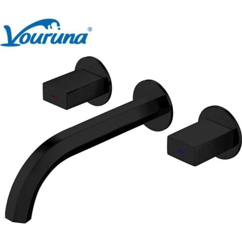 VOURUNA Luxurious Modern Black Bathroom Faucets Rose Golden Double Handles Wall Mounted Basin Mixer Tap Set with Rough-in-Valve