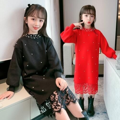 Pearls Knitwear Dress for girl Fashion Baby Girls Clothes Autumn Winter Sweaters Lengthened Woolen Lace Splicing Pullovers Teens