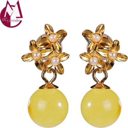 Amber Beeswax Pearl Drop Earring Pure 925 Sterling Silver And Gold Plate Flower Bead Women Fine Jewelry Korean Earrings 2020 E8