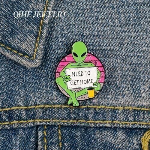 QIHE JEWELRY Stray Alien Begging Brooches Pins Want to Go Home Hard Enamel Metal Pins Denim Clothes Badges Funny Pins Kids Gifts