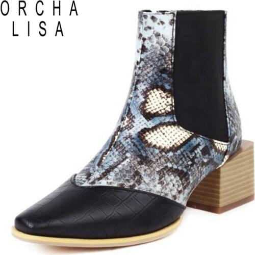 ORCHALISA 2021 Designer Ankle Boots Women Demin Pointed Toe Square Mid Heel Buckles Zipper Blue Brown Snake Big Size 48 S2450