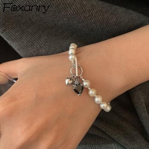 Foxanry 925 Sterling Silver Pearls Bracelets for Women Fashion Vintage Elegant Simple Black Stone Sweet LOVE Heart Party Jewelry