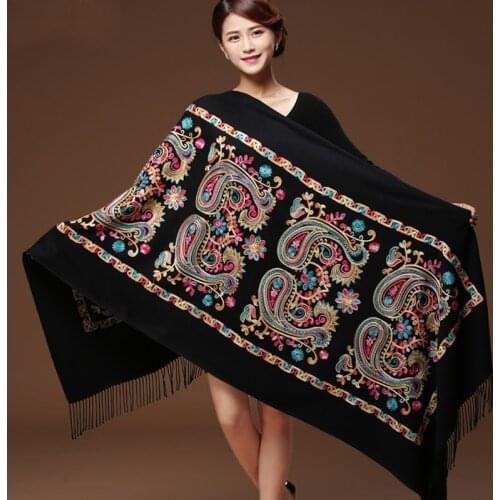 Women Black Embroidery Flower Pashmina Cashmere Scarf Winter Warm Fine Tassels Scarf Oversize Shawl Fashion Shawl Scarves