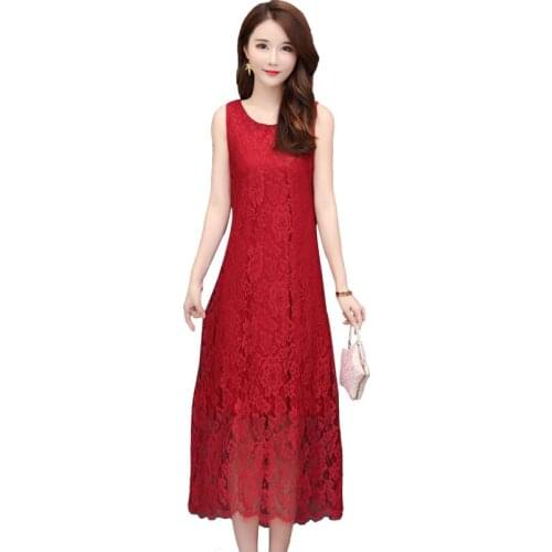 2021 Summer New Women Dress Large Size Slim Temperament Lace Dress Long Solid Color Sleeveless Vest lace Dress Vestido OK001
