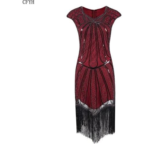 Vintage 1920s Flapper Great Gatsby Dress V-Neck Cap Sleeve Sequin Fringe Party Midi Dress Vestidos Verano 2019 Lady Summer Dress