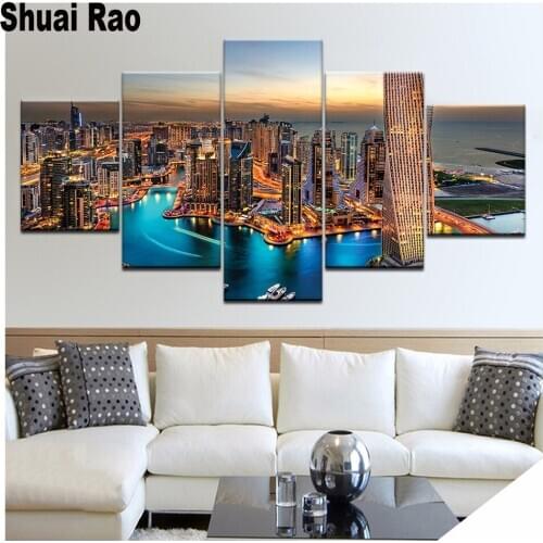 5D DIY full Square round Diamond painting art 5 Panel New YORK port Seascape Cross stitch Diamond embroidery Mosaic decor