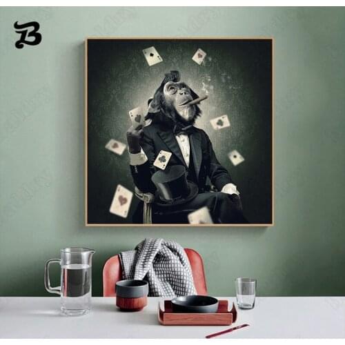 Abstract Monkey Canvas Painting Orangutan Smokes Holding Playing Cards Posters and Prints Wall Art Picture for Living Room Decor