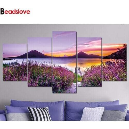 5 piece diy diamond mosaic Lavender Flowers full square drill 5d painting embroidery Beautiful Landscape art Multi-Picture