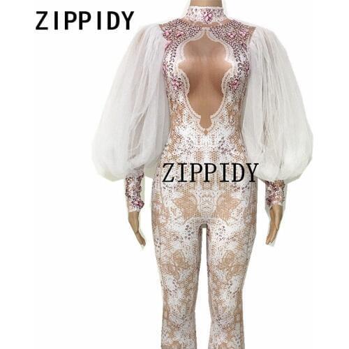 White Lace Sleeves Pink Rhinestones Jumpsuit Big Crystals Printed Bodysuit Womens Birthday Celebrate Female Singer Stage Wear