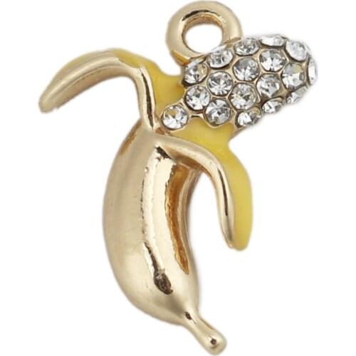 Zinc Based Alloy Charms Banana Fruit Gold Color Yellow Enamel Clear Rhinestone 21*15mm For DIY Necklace Jewelry Making, 5 PCs