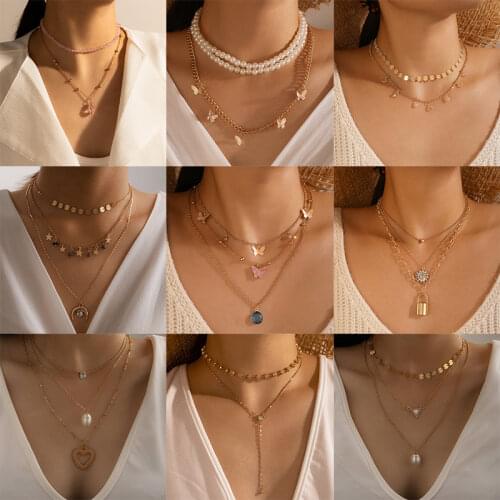 Docona Bohemian Pearl Butterfly Crescent Pendant Necklace for Women Crystal Flowers Star Multilayer Alloy Sweater Chain Jewelry