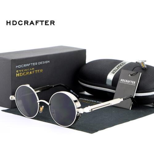 HDCRAFTER Vintage Round Metal Steampunk Sunglasses Polarized Brand Designer Retro Steam Punk Sun Glasses for Men oculos de sol