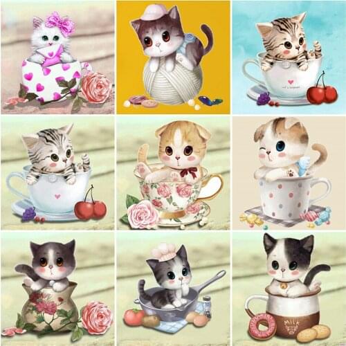 HUACAN 5d Diamond Painting Cat Cup Full Drill Square Diamond Embroidery Cross Stitch Animal Cartoon Needlework Decor For Home