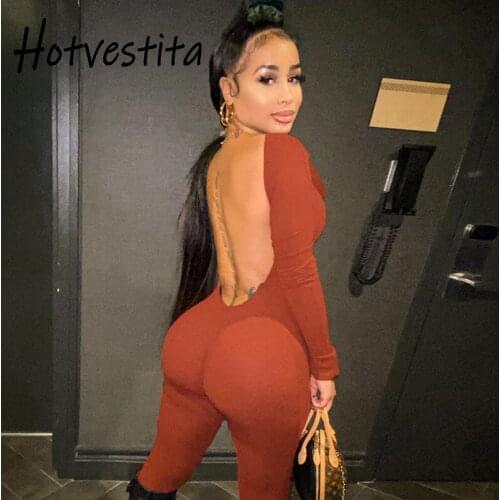Hotvestita 2021 Fashion Sexy Women Jumpsuits Long Sleeve Bodycon Backless Party Club One Piece Outfit Rompers Trousers Bodysuits