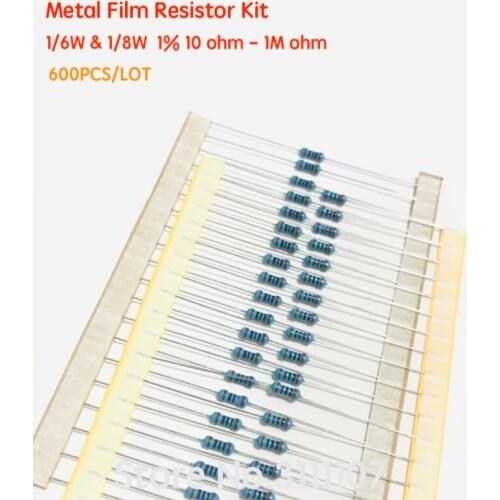 600PCS 1/6W & 1/8W 1% Metal Film Resistor Kit 10 ohm - 1M ohm Color Ring Resistance 10R-1MR Resistor Assorted Set 30 Values