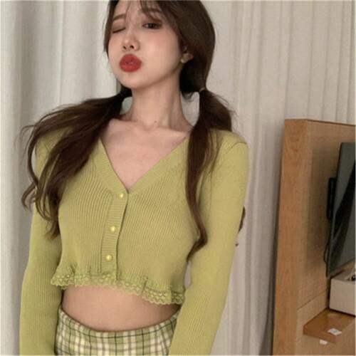 Korean Lace Patchwork Knitted T Shirts Women Sexy V Neck Long Sleeve Female Tops Summer 2020 Fashion Slim Fit Ladies Tees