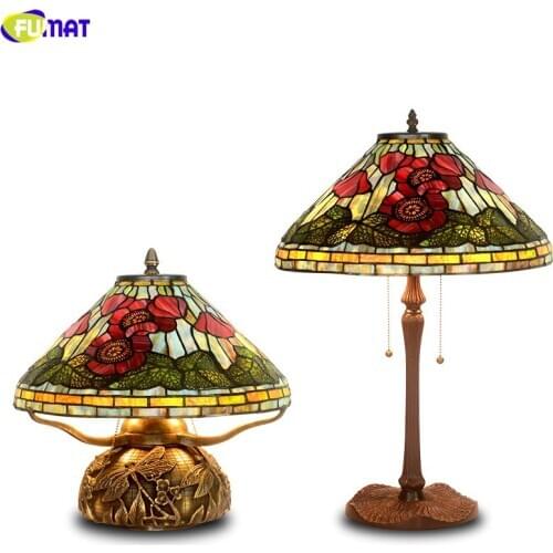 FUMAT Tiffany Desk Light Lotus Poppy Dragonfly Flower Stained Glass Tree Copper Frame Base Table Lamp 16 18 Inch Lampshade Art