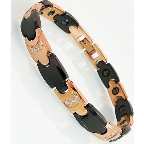 Men Women Black Ceramic Bracelet Rose Gold Stainless Steel Male Health Care Magnetic Wristband Female Moon Crystal Jewelry Kpop