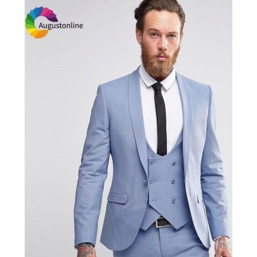 Sky Blue Slim Fit Men Suits Wedding Groom Tuxedos 3 Pieces (Jacket+Pants+Pants) Bridegroom Suits Blazer Prom Wear