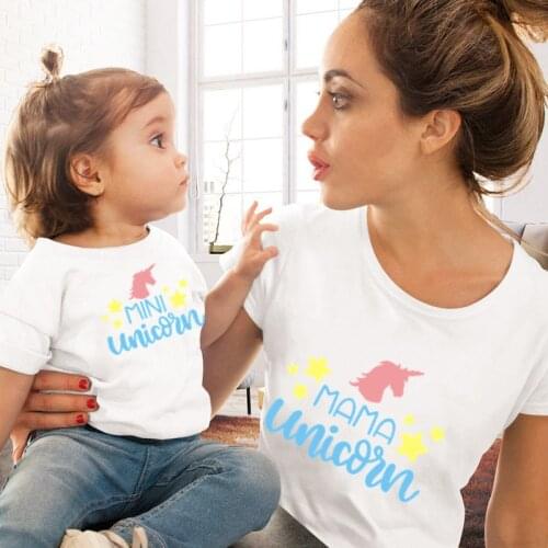 2021 Summer New Family Matching Outfits Cute Mama and Mini Unicorn Print Short Sleeve Mommy and Daughter Matching Clothes