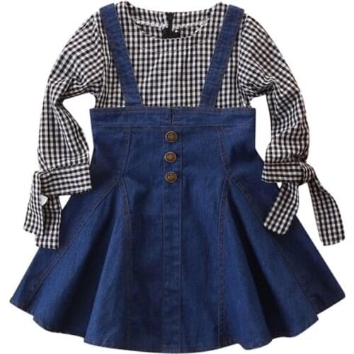 Girls Dress Autumn Girl Party Dresses Denim Plaid Princess Dress Kids Dress With Button Spring Children Clothing