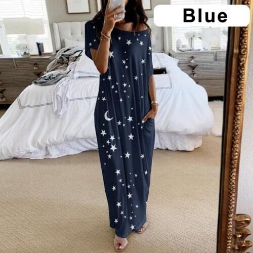 Women Comfort Sleepwear Dress Casual Stars Moon Print Loose Sleep Dresses Off Shoulder Female Homewear Maxi Dress Vestidos