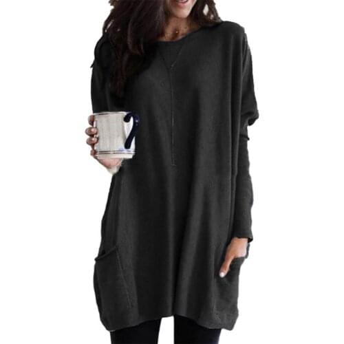 Plus Size Women Solid Color O-Neck Long Sleeve T-Shirt Tunic Top with Pockets