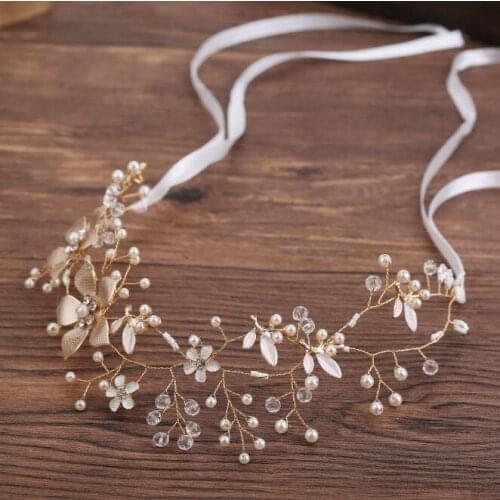 Rose Gold Color Headbands Pearl Crystal Flower Leaves Wedding Hair Accessories Women Bridal Rhinestone Hairbands Hair Jewelry