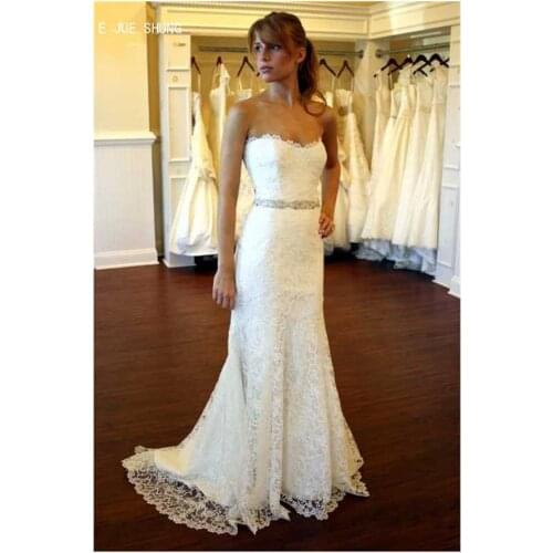 E JUE SHUNG Sexy Strapless Lace Wedding Dresses Backless Crystal Sashes Beach Mermaid Wedding Gowns Sheath robe de soiree