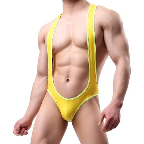 Sexy Men Undershirt PU Leather Wrestling Singlet Open Butt Bikini Jumpsuit Suspender Teddies Underwear One-Piece Bodysuit