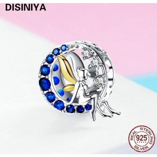 DISINIYA Lunar Moon & Fairy Elf Charms 925 Sterling Silver Blue CZ Bead Fit Original Bracelet Necklace DIY Jewelry Making FNC070