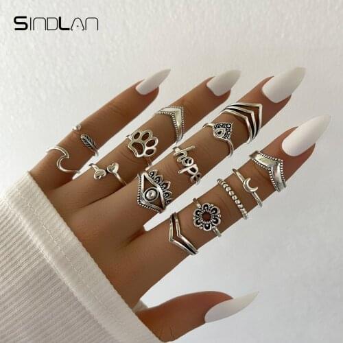 Sindlan 14Pcs Vintage Evil Eye Silver Color Rings for Women Punk Heart Couple 2021 Fashion EMO Boho Jewelry Anillos Al Por Mayor