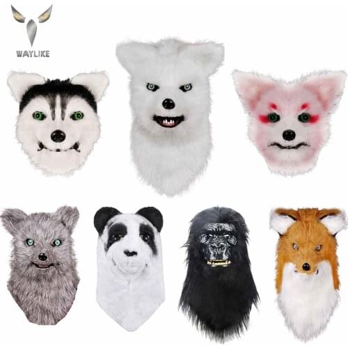 WAYLIKE Movable Mouth Fox Head Mask Animal Panda Tiger Husky Orangutan Artificial Fur for Halloween Costumes Party