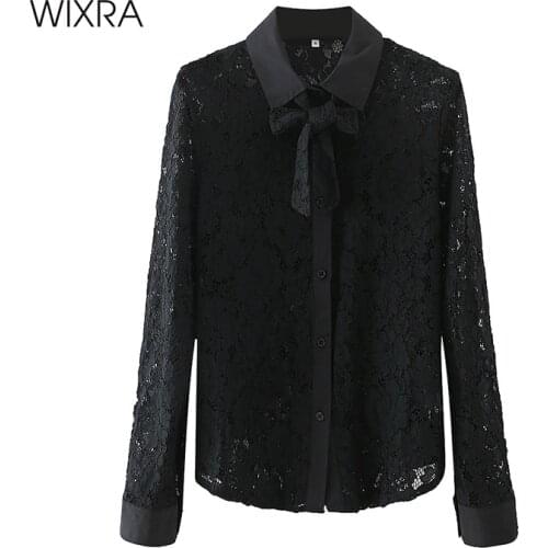 Wixra Shirts And Blouses Long Sleeve 2021 Spring New Ladies High Street Black Lace Hollow Out Tops For Women