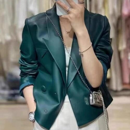 2021 Spring Autumn Womens Leather Jacket Female Streetwear Real Sheepskin Coat Double-breasted Office lady Outwear Short Style