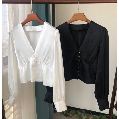 Ladies High Quality White/Black 100% Silk Satin Jacquard Blouse Top