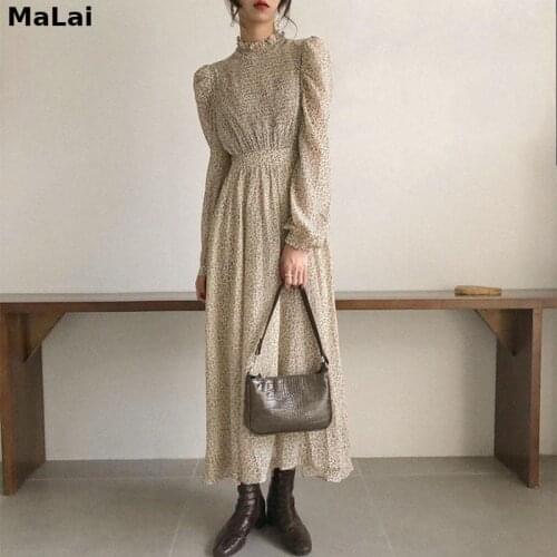 One Piece Spring Dress Vintage Stand Collar Ruched Sleeve A-line Women Floral Print Elastic Waist Female Dresses Vestidos Femme