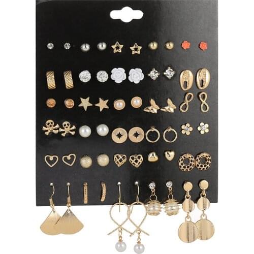 30 Pairs/set Stud Earrings Crystal Pearl Heart Flower Butterfly Star Water Drop Tassel Pendant Dangle Ear Studs Women Jewelry