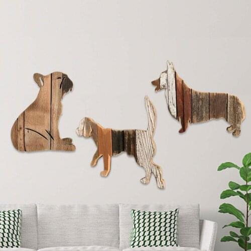 3D Wooden Animal Dog Art Statue Home Office Wall Hanging Decoration Pet Wooden Craft Figurine Home Decor Accessories