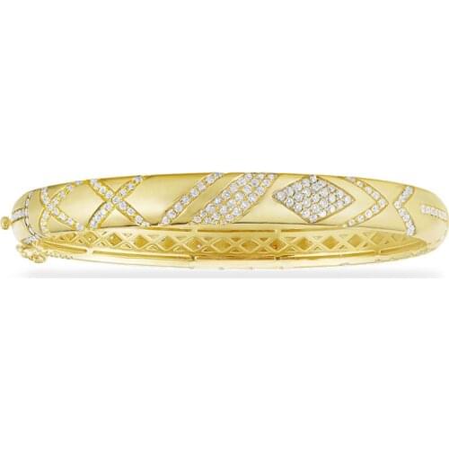 SLJELY Luxury Solid 925 Sterling Silver Yellow Gold Color Paved Zircon Stones Tribal Bangle Geometric Shapes Women Mana Bracelet