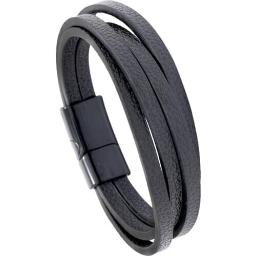 Black Pu Leather Layer Bracelet Simple Fashion Jewelry Alloy Magnet Buckle Button Cuff Bangle Gift Men Women