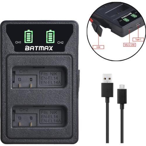 Batmax EN-EL14 EN-EL14A EL14 New LED USB Dual Charger withType C Port for Nikon D5200 D3100 D3200 D5100 P7000 P7100