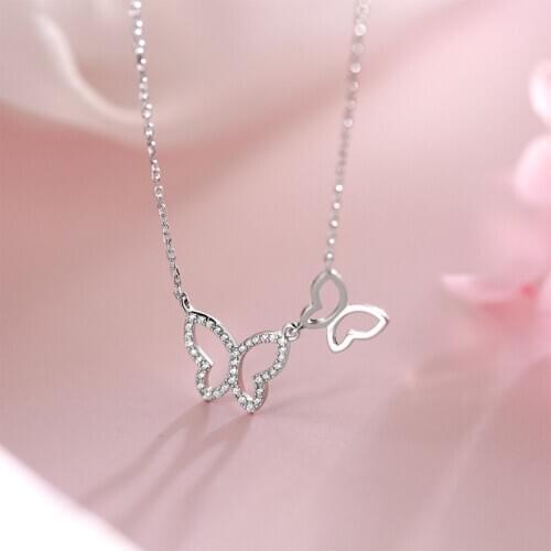 Elegant 925 Sterling Silver Double Hollow Out Shiny Butterfly Pendants Necklaces for Wedding Party Jewelry Clavicle Necklace