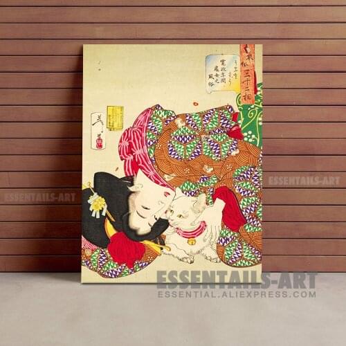 Japanese style Geisha Teasing the Cat Canvas Wall Art Painting Decor Bedroom study Living kid Room Home Decoration Prints