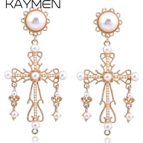 Kaymen New Womens Statement Golden Pearl Earrings for Wedding Party Gift Unique Fashion Cross Drop Earrings Bijoux 3322
