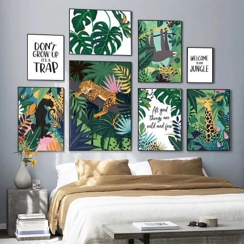 Sloth Panther Leopard Giraffe Jungle Nordic Posters And Prints Monstera Leaf Wall Art Canvas Painting Pictures For Living Room