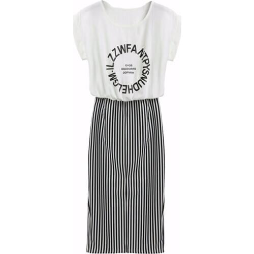 Summer Women Girls Letter Printed Striped Casual Beach Dress Short Sleeve Pencil Dress
