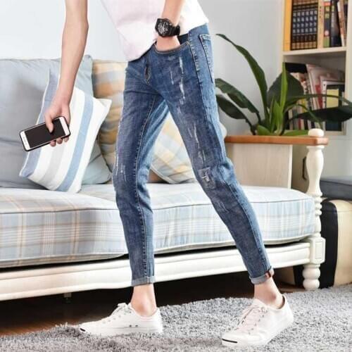 Summer thin ankle length pants mens ripped jeans mens slim feet pants 2020 Korean trend teenagers cowboy beggar pencil pants