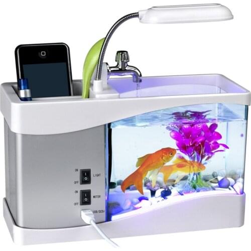 Mini Desktop Fish Tank USB Aquarium with LED Light LCD Display Screen and Clock Table Decoration